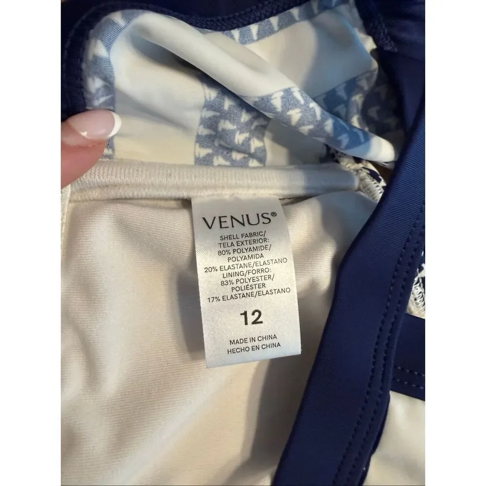 Venus Kids High Neck Zip Front Sailboat Stripe Bikini Set Navy White Size 12